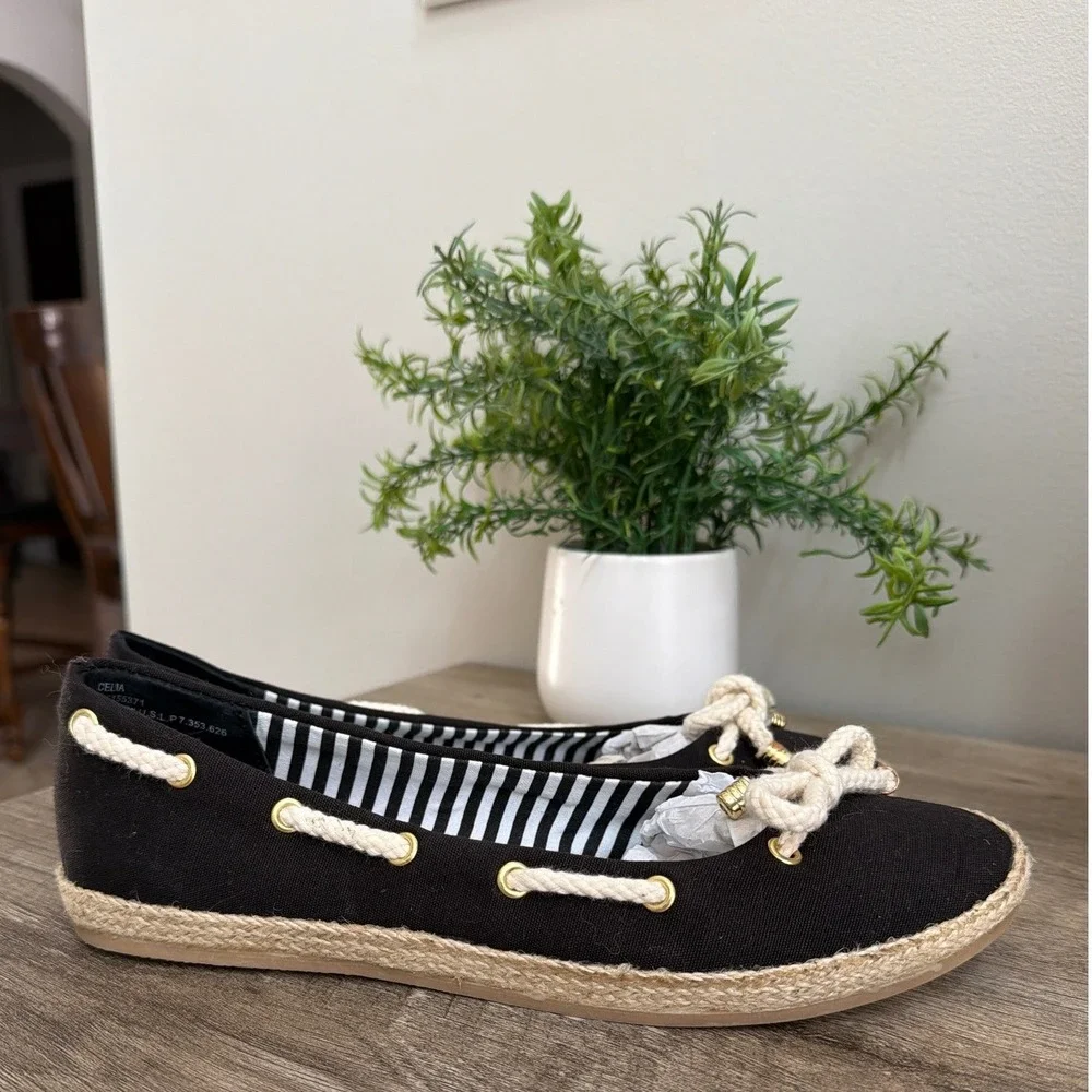 Chaps Celia Black Espadrille Flats 7.5 Coastal Grandma Nautical Preppy Boat Shoe